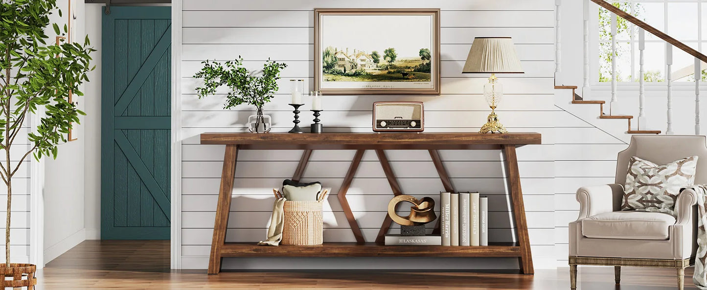 Farmhouse Console Table,Narrow Long Sofa Entryway Table, 2-Tier Wood Couch Foyer Accent Table for Living Room, Hallway