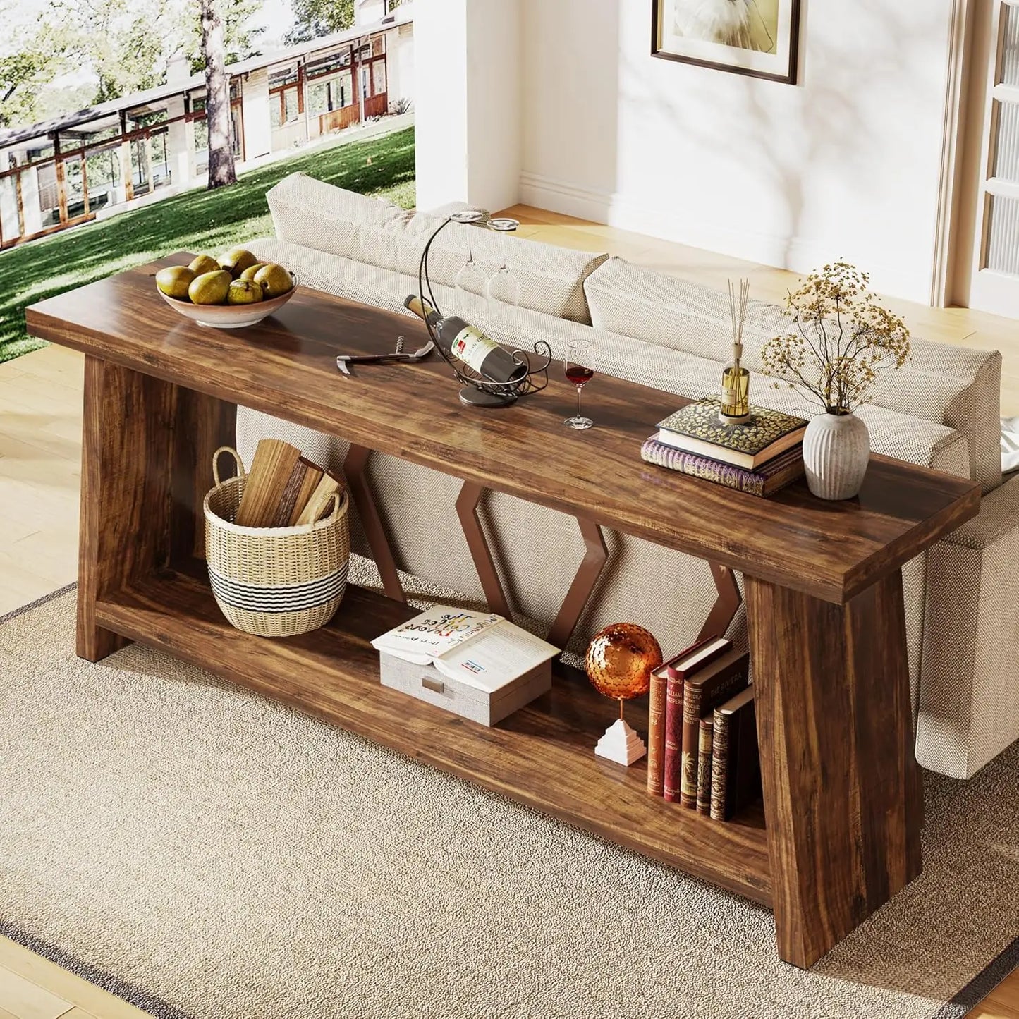 Farmhouse Console Table,Narrow Long Sofa Entryway Table, 2-Tier Wood Couch Foyer Accent Table for Living Room, Hallway