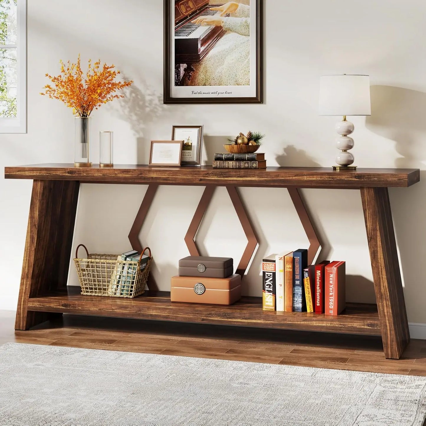 Farmhouse Console Table,Narrow Long Sofa Entryway Table, 2-Tier Wood Couch Foyer Accent Table for Living Room, Hallway