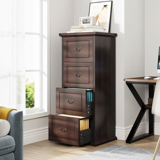 Traditional Vertical File Cabinet in Walnut Wood Finish with 4 Storage Drawers